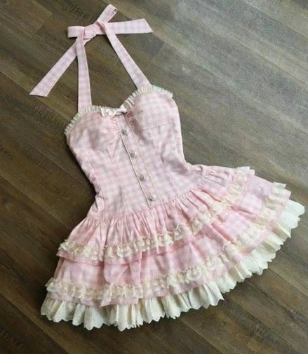 French Style Sweet Halter Dresses for Women Red Plaid Retro Princess Vestidos Mujer Summer Lolita Kawaii Elegant Party Dress