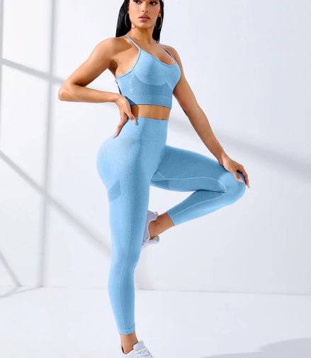 Women Yoga Set 2/Pcs Seamless Workout Outfits Yoga Sportswear Tracksuit Leggings And Thin Shoulder Strap Stretch Sports Bra Fitn