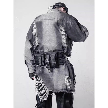 Vintage Ripped Hole Long Denim Jacket Mens Punk Distressed Denim Long Sleeve Shirt Coats 2025 Hip Hop Washed Jean Jackets