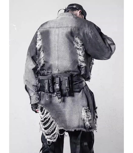 Vintage Ripped Hole Long Denim Jacket Mens Punk Distressed Denim Long Sleeve Shirt Coats 2025 Hip Hop Washed Jean Jackets