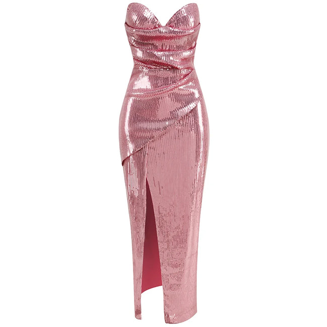 Sequined strapless evening gown in rose color with a thigh slit， Women's sexy sequin open back lace up dress long style
