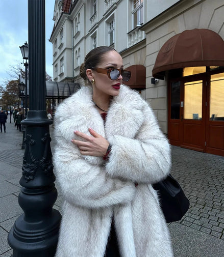 Long Coats Women Faux Fur Jackets Turn Down Collar Coat Thick Warm Y2k Streetwear Jacket Elegant Work Outerwear Autumn Winter