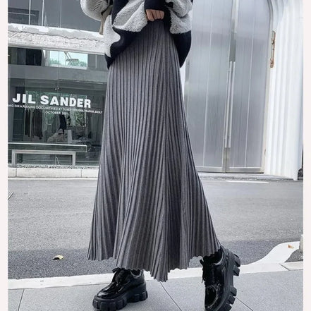 Knitted midi skirt women's A-line skirt high waist wide span mid length skirt