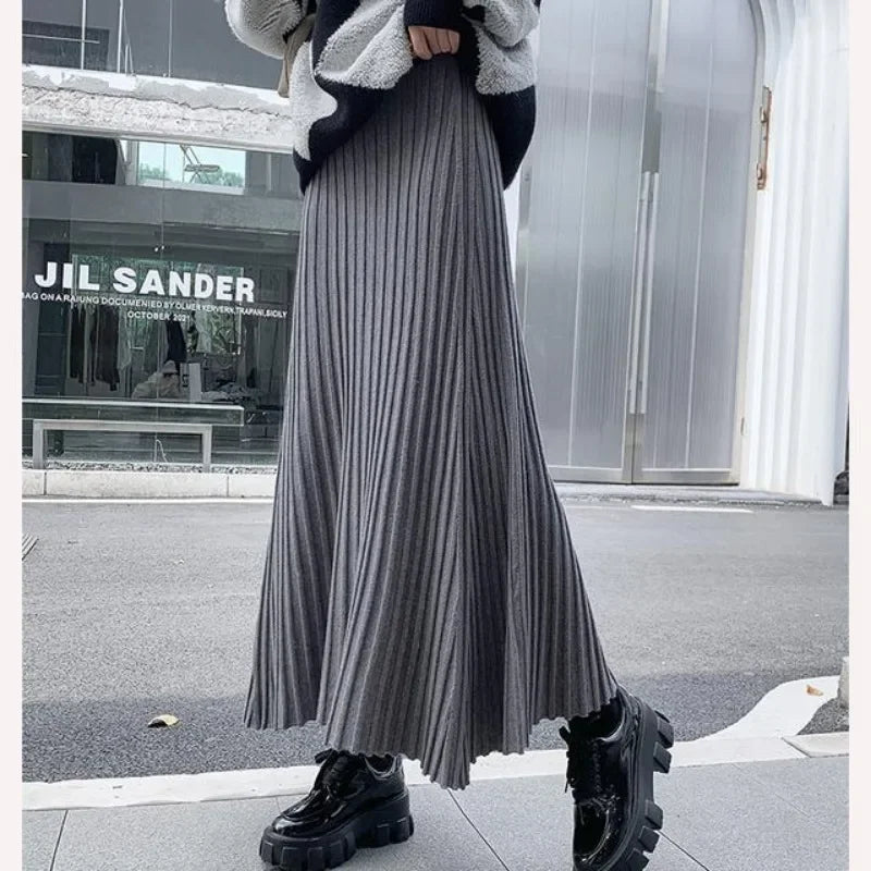 Knitted midi skirt women's A-line skirt high waist wide span mid length skirt