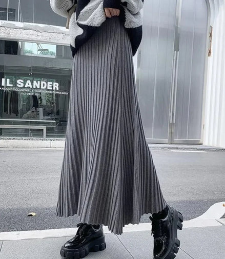Knitted midi skirt women's A-line skirt high waist wide span mid length skirt
