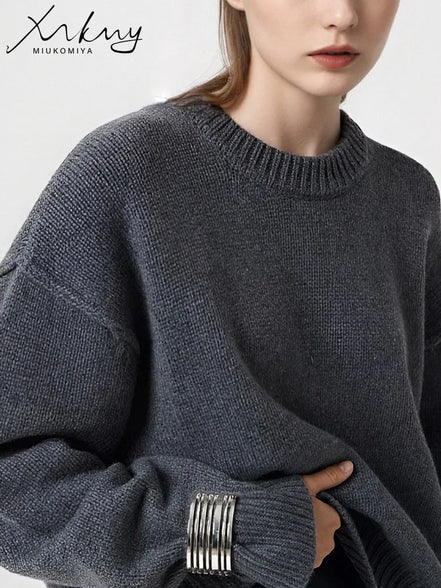 Oversized Fall Yellow Sweaters For Women 2025 Brown Crewneck Sweater Top Ladies Office Warm Knitted Woman Pullovers Winter Grey