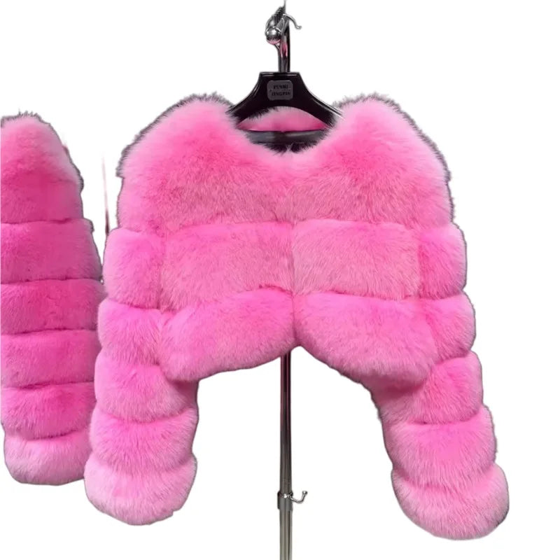 Women Faux Fox Fur Coat Solid Short Jacket V Neck Solid Long Sleeve Thick Warm Fur Office Lady Elegant Casual 2025 Autumn Winter