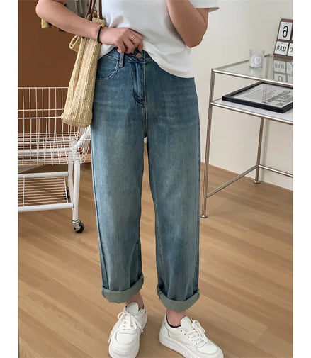 High Waist Straight Jeans For Women Spring Relaxed Slim Embroidered Wide Leg Pants