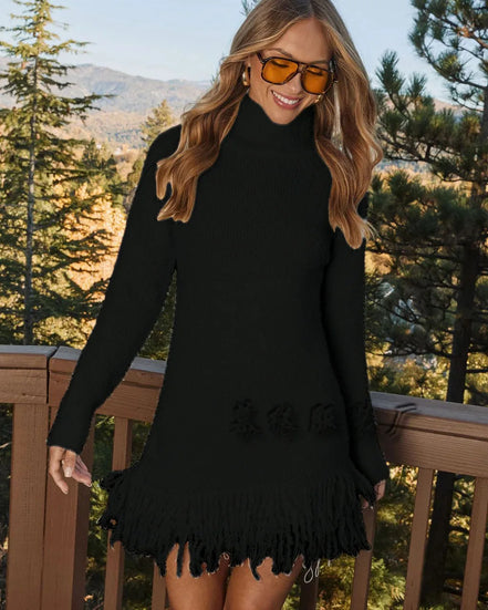 Mini Sweaters Dresses Women Pullovers Turtleneck Tassel Full Sleeve Jumpers Y2k Streetwear Elegant Knit Dress Autumn Winter