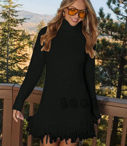 Mini Sweaters Dresses Women Pullovers Turtleneck Tassel Full Sleeve Jumpers Y2k Streetwear Elegant Knit Dress Autumn Winter