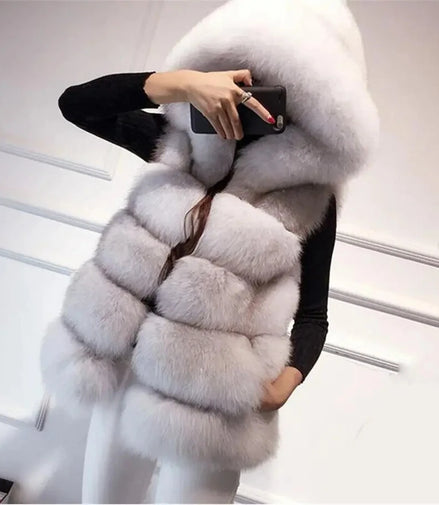 Faux Fox Fur Vest Coats Women Loose Mid Length Fur Jackets Hooded Sleeveless Thick Warm Fur Casual Slim Fit 2025 Autumn Winter
