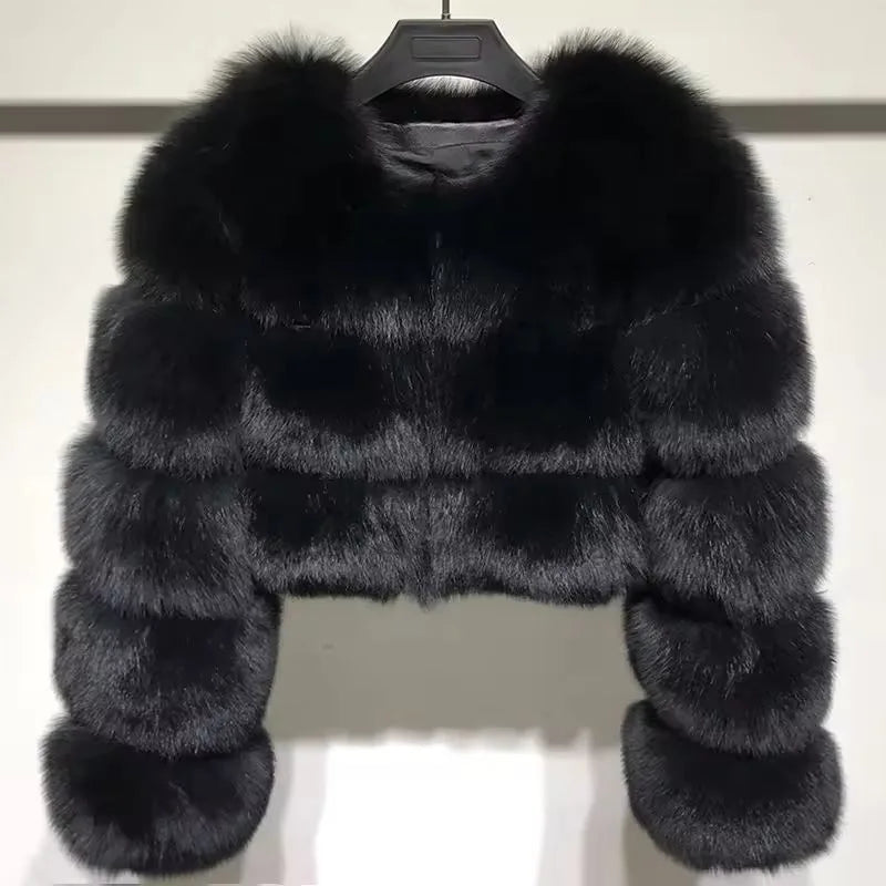 Women Faux Fox Fur Coat Solid Short Jacket V Neck Solid Long Sleeve Thick Warm Fur Office Lady Elegant Casual 2025 Autumn Winter