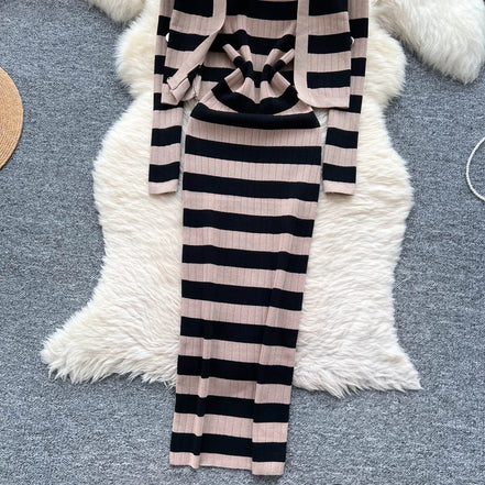 Dress Set Women Two Piece Sets Long Dresses Sling Vestidos Striped Sleeveless Elegant Streetwear Y2k Full Sleeve Tops Coats