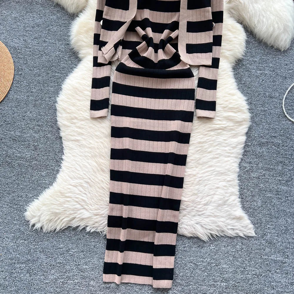 Dress Set Women Two Piece Sets Long Dresses Sling Vestidos Striped Sleeveless Elegant Streetwear Y2k Full Sleeve Tops Coats