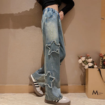 High Waist Jeans Girl Straight Loose Wide-leg Pants Spring and Autumn Korean Vintage Jeans Fashion Kids Denim Trousers For Teens