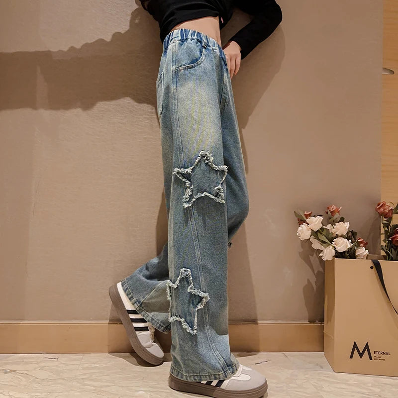 High Waist Jeans Girl Straight Loose Wide-leg Pants Spring and Autumn Korean Vintage Jeans Fashion Kids Denim Trousers For Teens