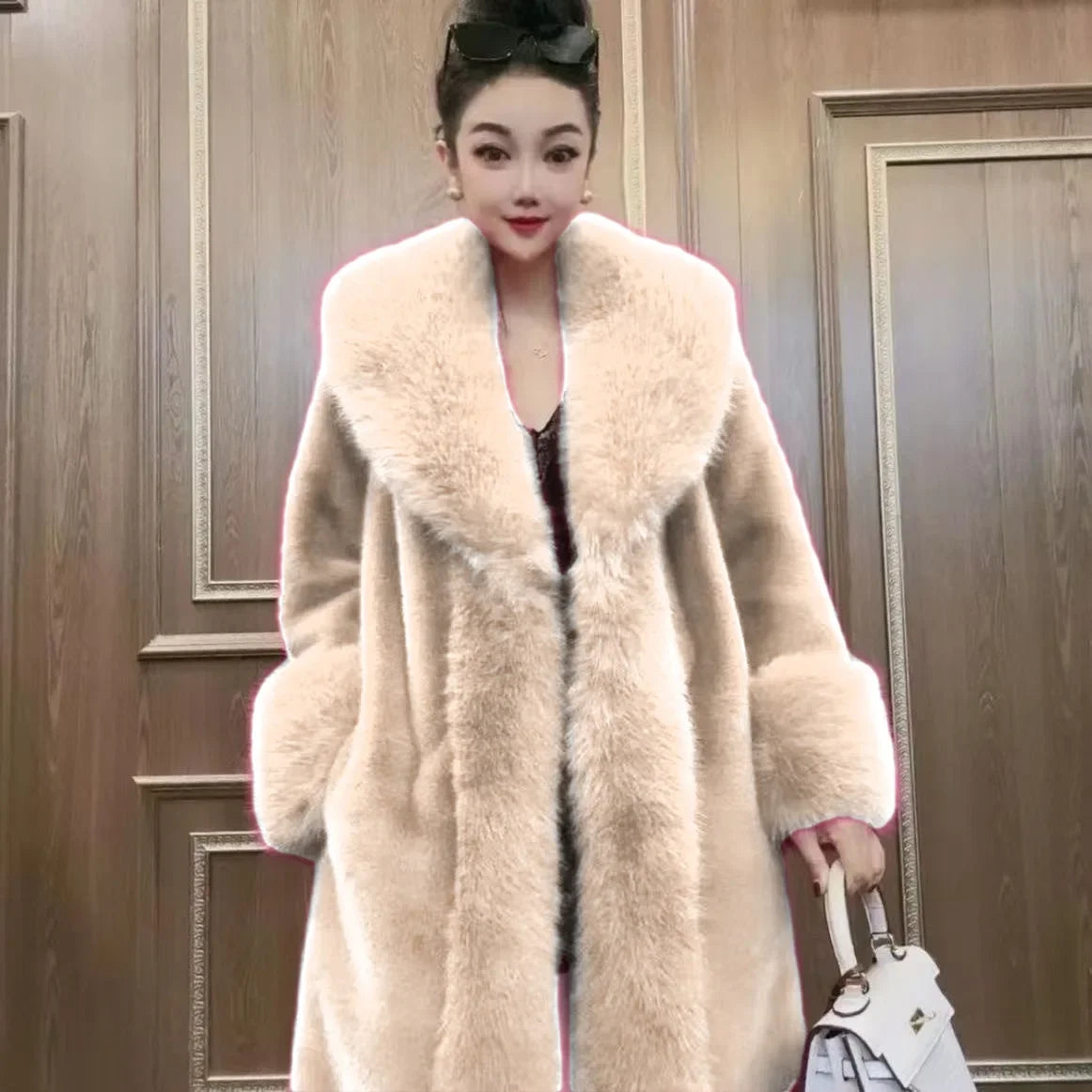 Faux Fur Coats Women Long Coat Thick Warm Turn Down Collar Open Stitch Spring Outerwear Jackets Elegant Splice Autumn Winter