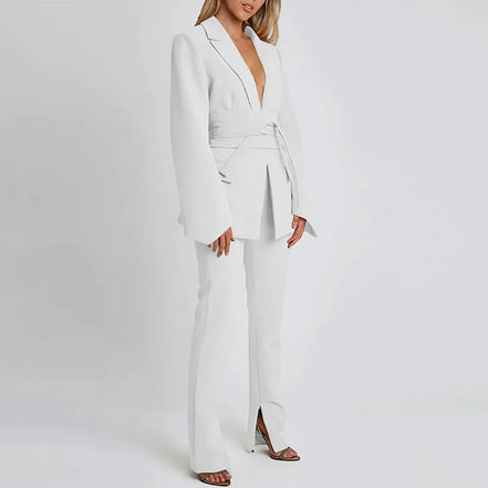 Elegant Trousers Suit Women Slim V-neck Pockets Blazer Full Sleeve Belt Straight Pants Sets Female Solid Sets Lady Spring Autumn
