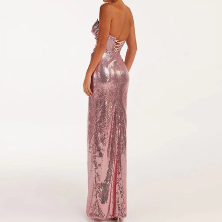 Sequined strapless evening gown in rose color with a thigh slit， Women's sexy sequin open back lace up dress long style