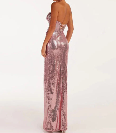 Sequined strapless evening gown in rose color with a thigh slit， Women's sexy sequin open back lace up dress long style