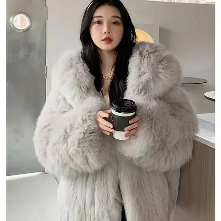 Imitation fox fur women's 2024 winter new style hooded loose slimming fur coat trendy street internet celebrity same style