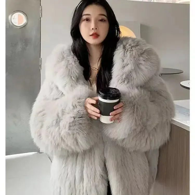 Imitation fox fur women's 2024 winter new style hooded loose slimming fur coat trendy street internet celebrity same style
