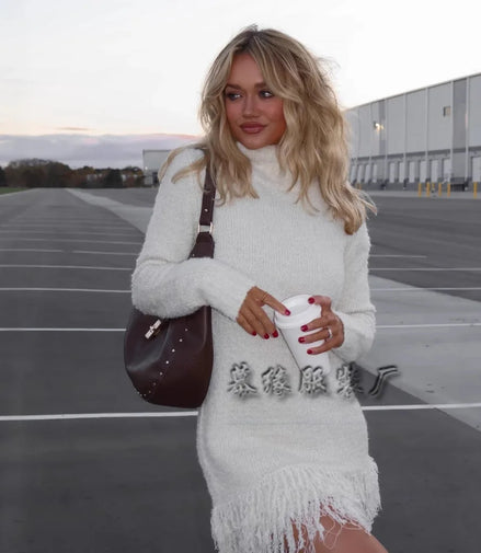 Mini Sweaters Dresses Women Pullovers Turtleneck Tassel Full Sleeve Jumpers Y2k Streetwear Elegant Knit Dress Autumn Winter