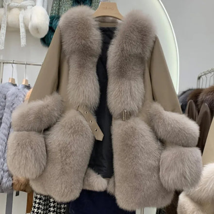ZDFURS*Fox Fur Fur Coat Women's Mid-Length 2025  New Whole Leather Sheepskin Coat Fashionable Winter Slimming