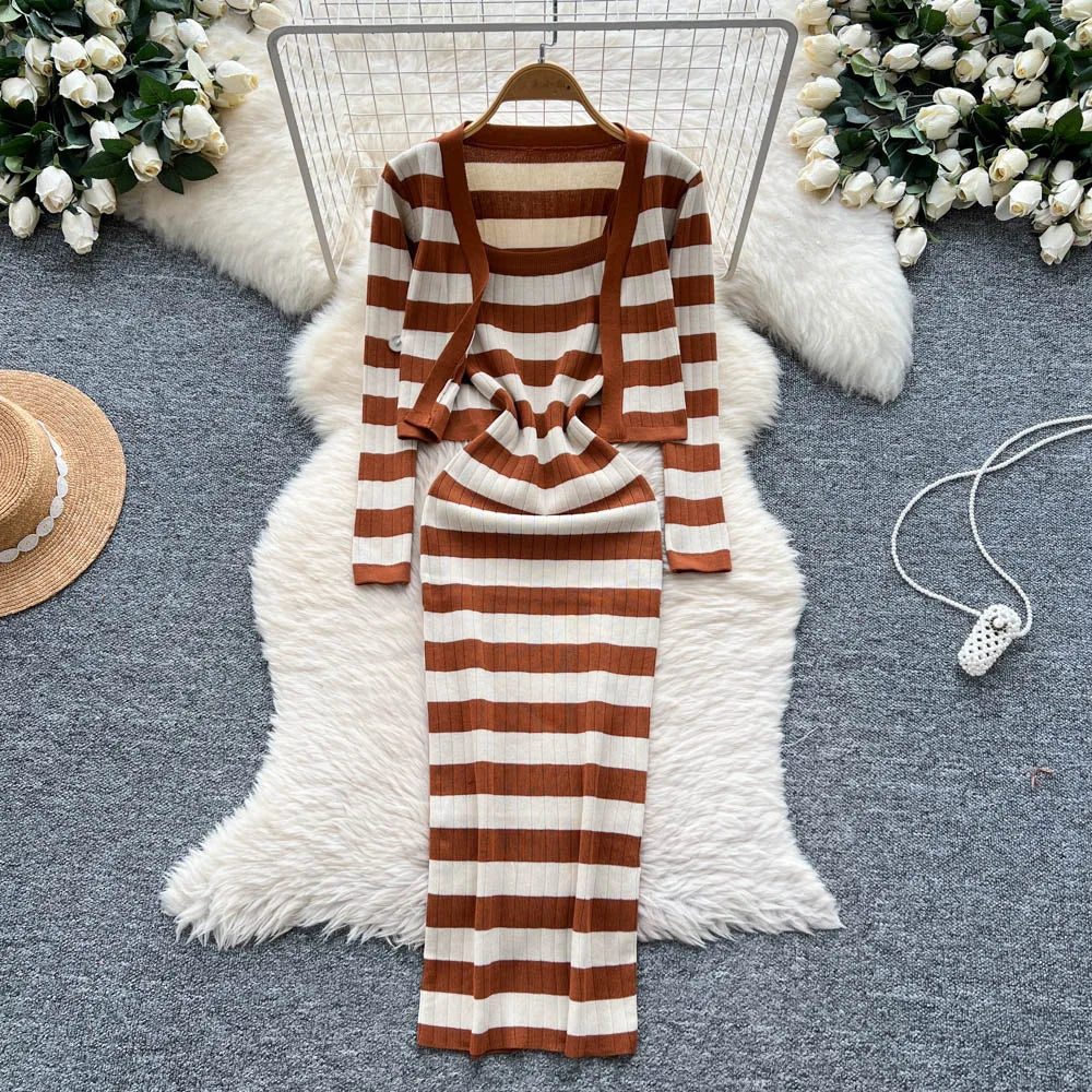 Dress Set Women Two Piece Sets Long Dresses Sling Vestidos Striped Sleeveless Elegant Streetwear Y2k Full Sleeve Tops Coats