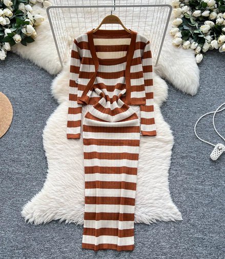 Dress Set Women Two Piece Sets Long Dresses Sling Vestidos Striped Sleeveless Elegant Streetwear Y2k Full Sleeve Tops Coats