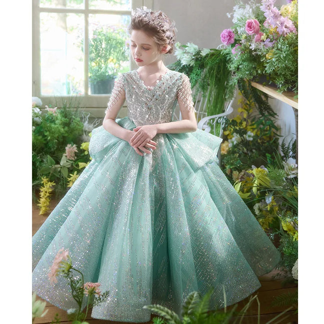 Elegant Girls Formal Dress Floral Green Evening Gown Little Miss Birthday Party Princess Pageant Wedding Flower Girl Piano Gown