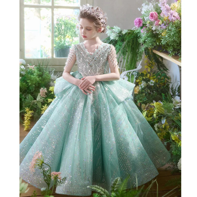 Elegant Girls Formal Dress Floral Green Evening Gown Little Miss Birthday Party Princess Pageant Wedding Flower Girl Piano Gown