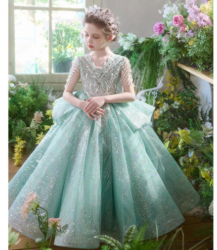Elegant Girls Formal Dress Floral Green Evening Gown Little Miss Birthday Party Princess Pageant Wedding Flower Girl Piano Gown