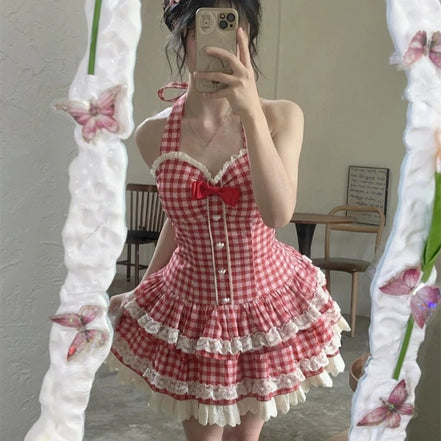 French Style Sweet Halter Dresses for Women Red Plaid Retro Princess Vestidos Mujer Summer Lolita Kawaii Elegant Party Dress