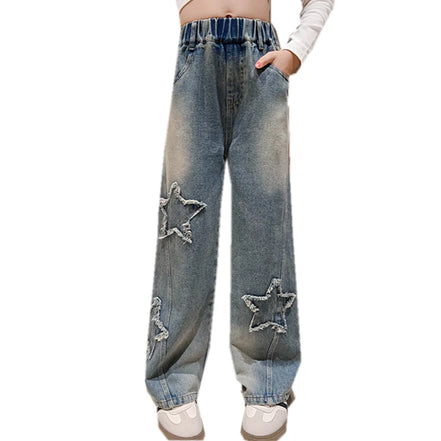 High Waist Jeans Girl Straight Loose Wide-leg Pants Spring and Autumn Korean Vintage Jeans Fashion Kids Denim Trousers For Teens