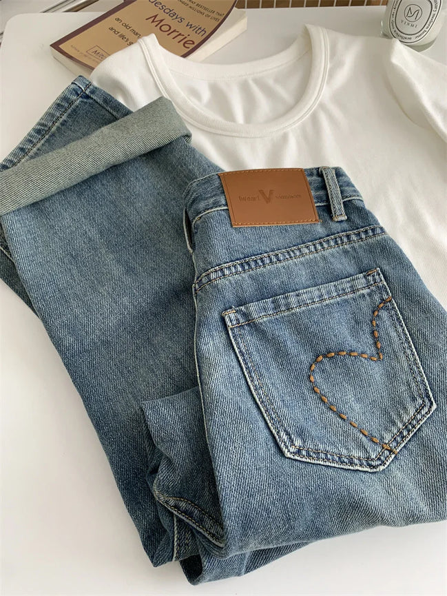 High Waist Straight Jeans For Women Spring Relaxed Slim Embroidered Wide Leg Pants