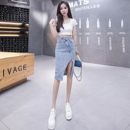 Jeans Skirts for Women Mini High Waist with Slit Midi Short To Knees Length Woman Denim Skirt V Modest Stylish A Line Casual