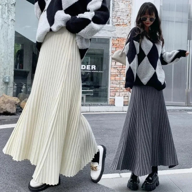 Knitted midi skirt women's A-line skirt high waist wide span mid length skirt