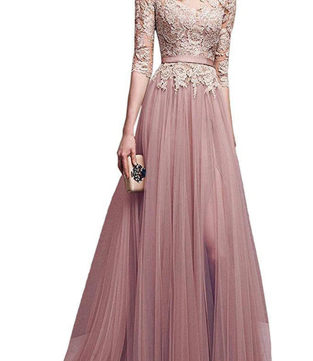 Lace Scoop Neckline Evening Dresses Elegant Half Sleeve Appliques Tulle Formal Party Floor-length Backless With Belt Robe De