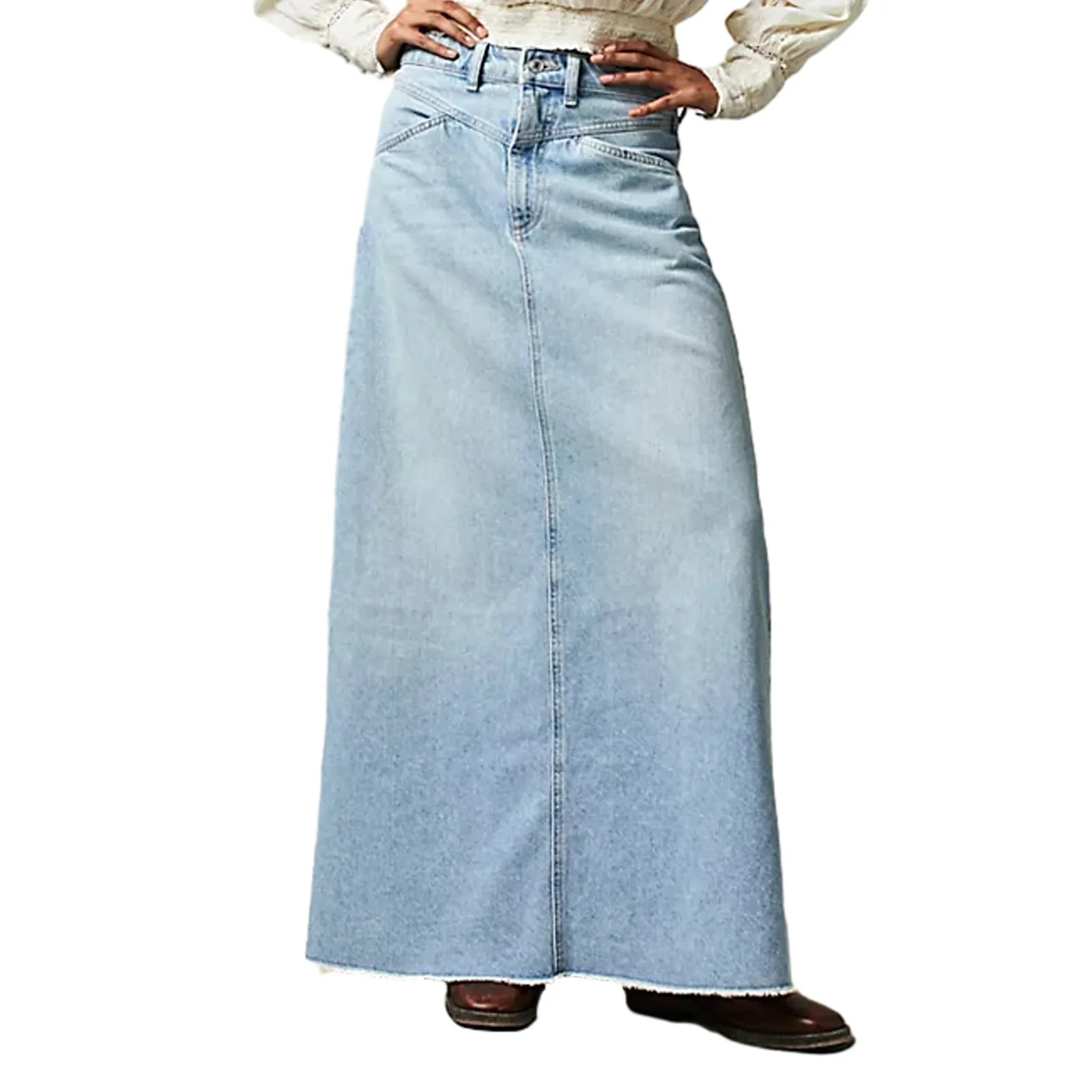Long Skirts Denim Skirt Women Slim High Waist Straight Casual Jeans Streetwear Elegant Splice Blue Summer Button Pocket 2025