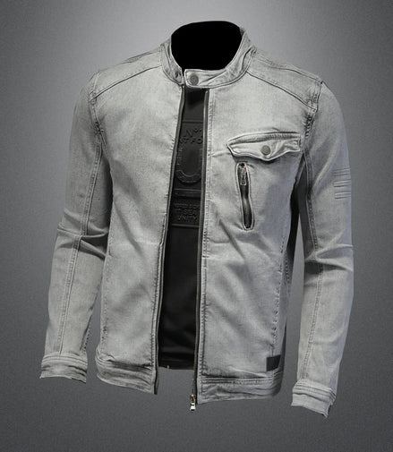 Men Moto Biker Streetwear Denim Jackets Men Vintage Grey Bomber Jacket Outwear Male Casual Cotton Stand Collar Denim Coats