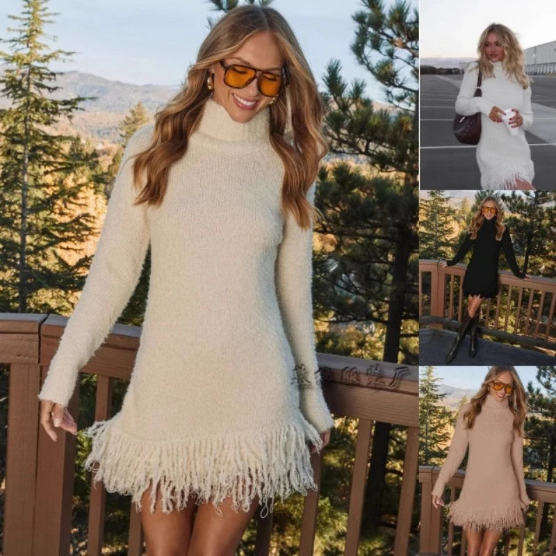 Mini Sweaters Dresses Women Pullovers Turtleneck Tassel Full Sleeve Jumpers Y2k Streetwear Elegant Knit Dress Autumn Winter