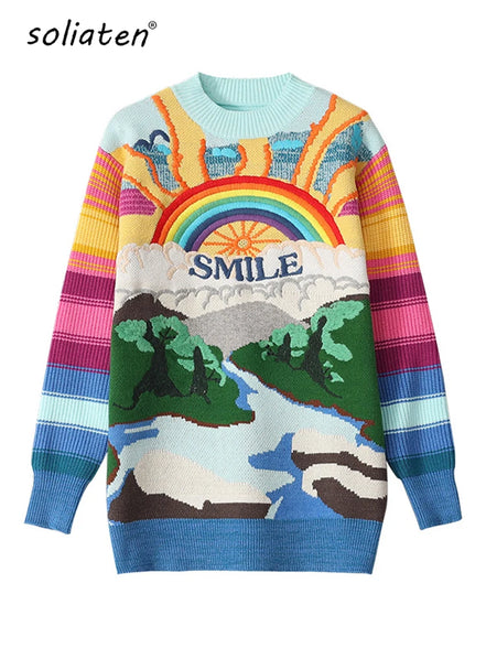 Oversized Sweater Women 2025 Fashion Rainbow Striped Embroidered Letters Knitted Pullovers Loose Casual Streetwear Tops C-119