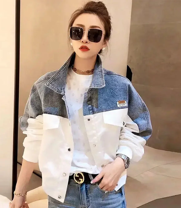 Vintage Denim Jacket Women Y2k Clothing Short Tops Korean Fashion Long Sleeve Loose Denim Patchwork Spring Autumn Jacket Casual