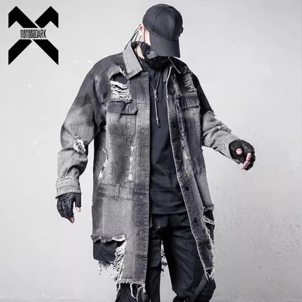 Vintage Ripped Hole Long Denim Jacket Mens Punk Distressed Denim Long Sleeve Shirt Coats 2025 Hip Hop Washed Jean Jackets