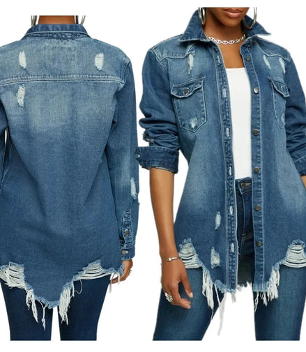 Women Jeans Jackets Spring Summer Ripped Denim Vintage Casual Denim Jacket Long Sleeve Female Chic Coat Streetwear 2024